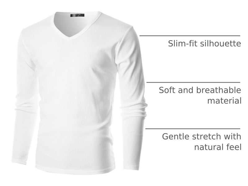 GIVON Menâ€™s Slim Fit V-Neck Long Sleeve T-Shirt â€“ 100% Cotton Ribbed Knit â€“ Midweight Base Layer or Standalone Top / DCP053-WHITE-L - Image 4